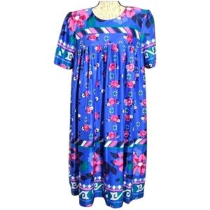 Vintage Large Handmade Blue Floral Satin Pleated Colorful Short Sleeve Dress